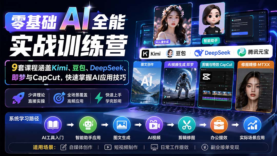 零基础AI全能实战训练营：9套课程涵盖Kimi、豆包、DeepSeek、即梦与CapCut，快速掌握AI应用技巧-泱泱学习社