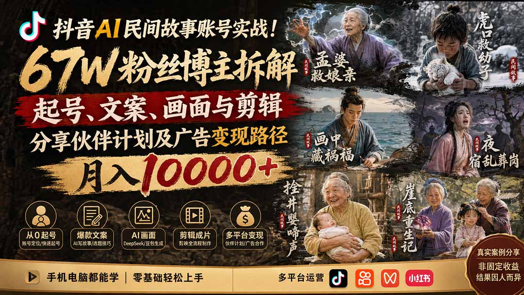 抖音AI民间故事账号实战!67W粉丝博主拆解起号、文案、画面与剪辑,分享伙伴计划及广告变现路径,月入10000+-泱泱学习社