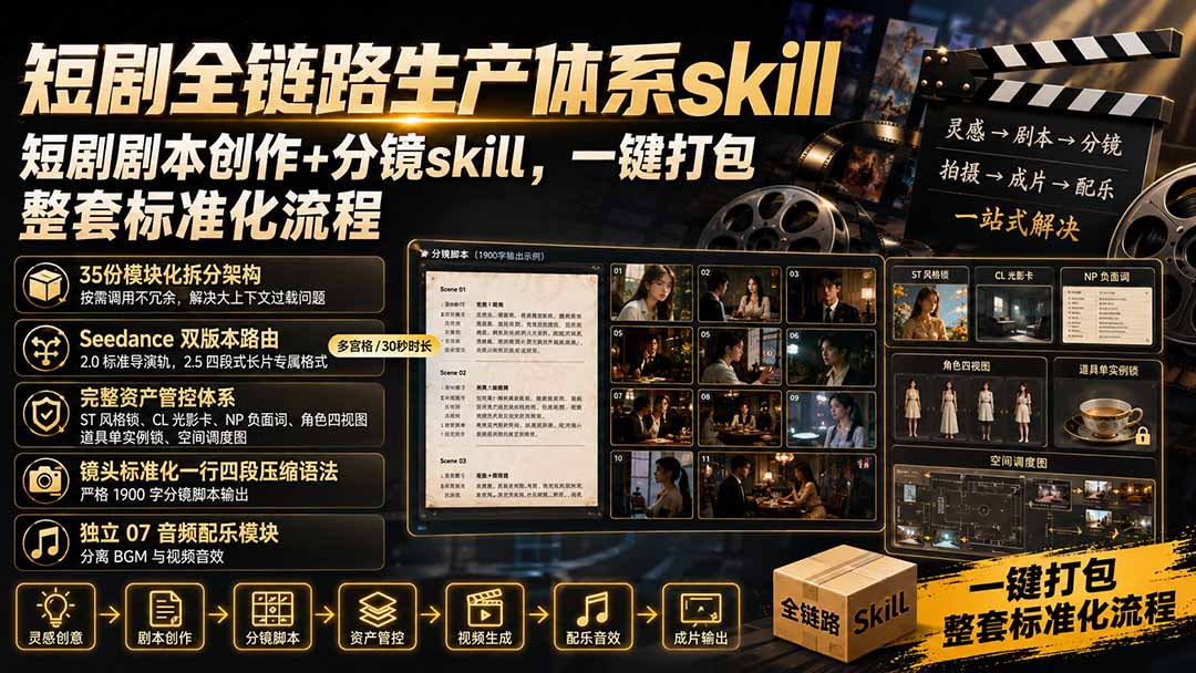 短剧全链路生产体系skill，短剧剧本创作+分镜skill，一键打包，整套标准化流程-泱泱学习社