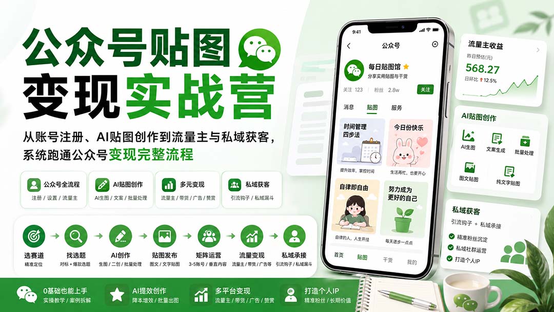 公众号贴图变现实战营：从账号注册、AI贴图创作到流量主与私域获客，系统跑通公众号变现完整流程-泱泱学习社