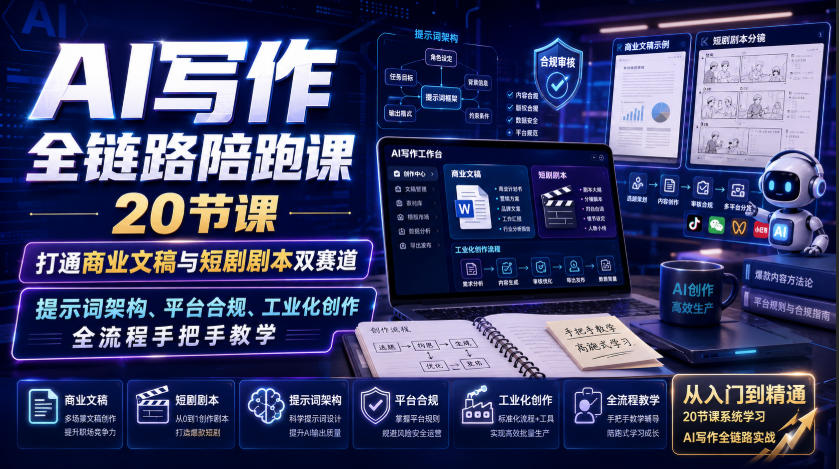 AI写作全链路陪跑课|20节课打通商业文稿与短剧剧本双赛道,提示词架构、平台合规、工业化创作全流程手把手教学-泱泱学习社