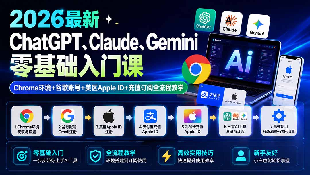 2026最新ChatGPT、Claude、Gemini零基础入门课:Chrome环境+谷歌账号+美区Apple ID+充值订阅全流程教学-泱泱学习社