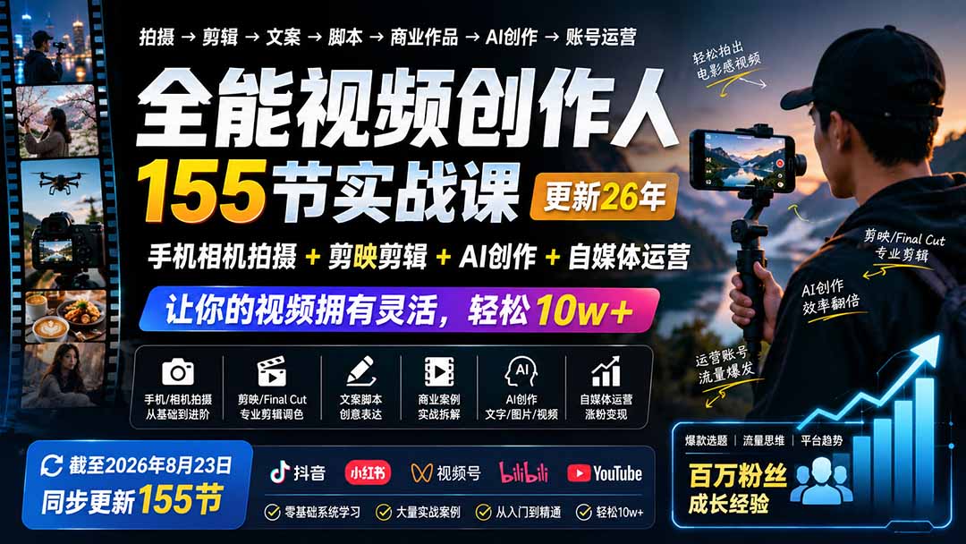 全能视频创作人155节实战课-更新26年8月：手机相机拍摄+剪映剪辑+AI创作+自媒体运营，让你的视频拥有灵活，轻松10w-泱泱学习社