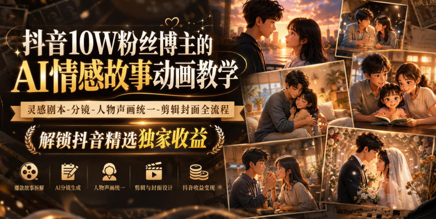 抖音10W粉丝博主的AI情感故事动画教学,灵感剧本‑分镜‑人物声画统一‑剪辑封面全流程,解锁抖音精选独家收益-泱泱学习社
