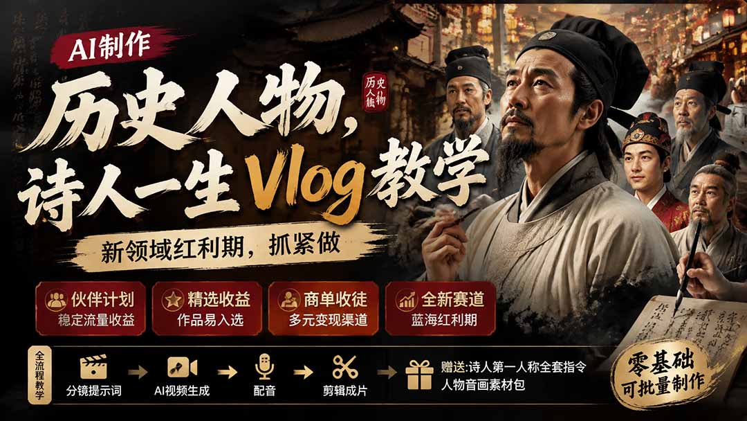 历史人物,诗人一生Vlog教学, AI制作丨伙伴计划丨精选收益丨商单收徒 ,新领域红利期,抓紧做-泱泱学习社