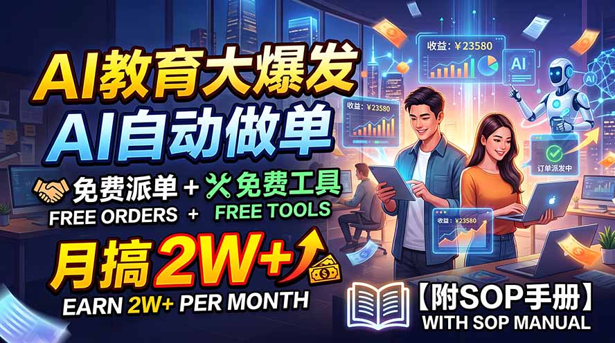 AI教育大爆发，AI自动做单，免费派单+免费工具，月搞2W+【附SOP手册】-泱泱学习社