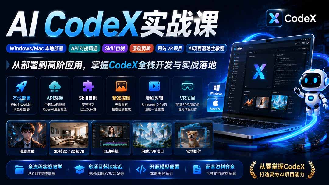 AI CodeX实战课|Windows/Mac 本地部署|API 对接调通|Skill 自制|漫剧剪辑|网站 VR 项目|AI项目落地全教程-泱泱学习社