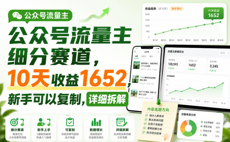 公众号流量主细分赛道,10天收益1652,新手可以复制,详细拆解-泱泱学习社