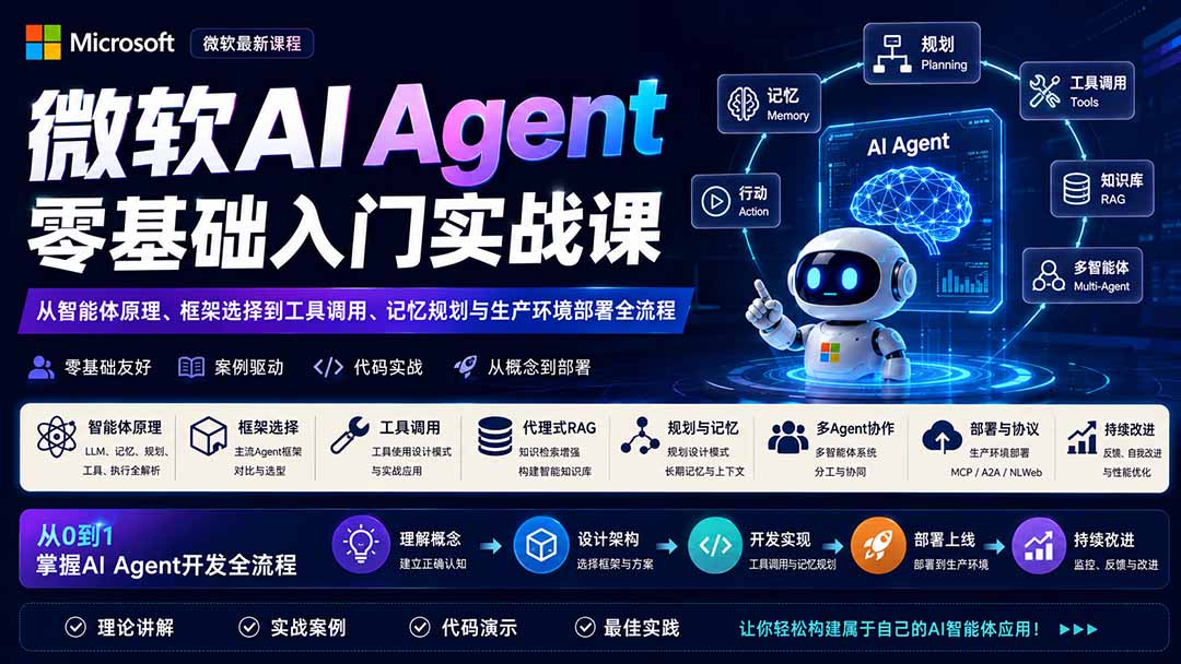 微软AI Agent零基础入门实战课:从智能体原理、框架选择到工具调用、记忆规划与生产环境部署全流程-泱泱学习社