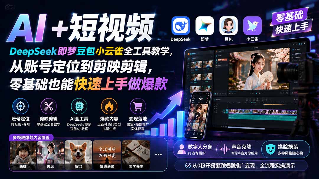 AI+短视频|DeepSeek即梦豆包小云雀全工具教学,从账号定位到剪映剪辑,零基础也能快速上手做爆款-泱泱学习社