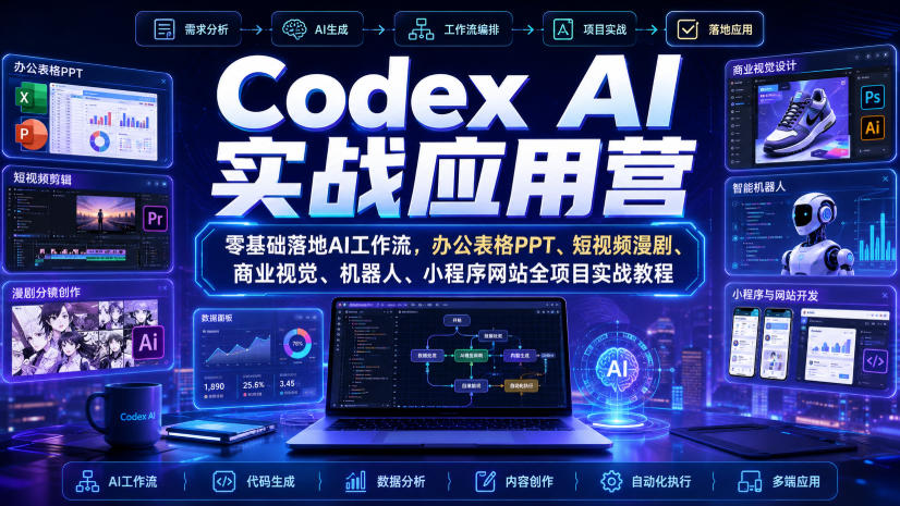 Codex AI实战应用营｜零基础落地AI工作流，办公表格PPT、短视频漫剧、商业视觉、机器人、小程序网站全项目实战教程-泱泱学习社