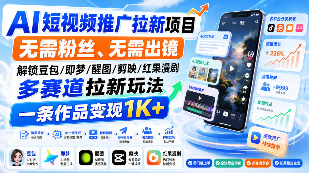 AI短视频推广拉新项目，无需粉丝、无需出镜，解锁豆包/即梦/醒图/剪映/红果漫剧多赛道拉新玩法，一条作品变现1K+-泱泱学习社