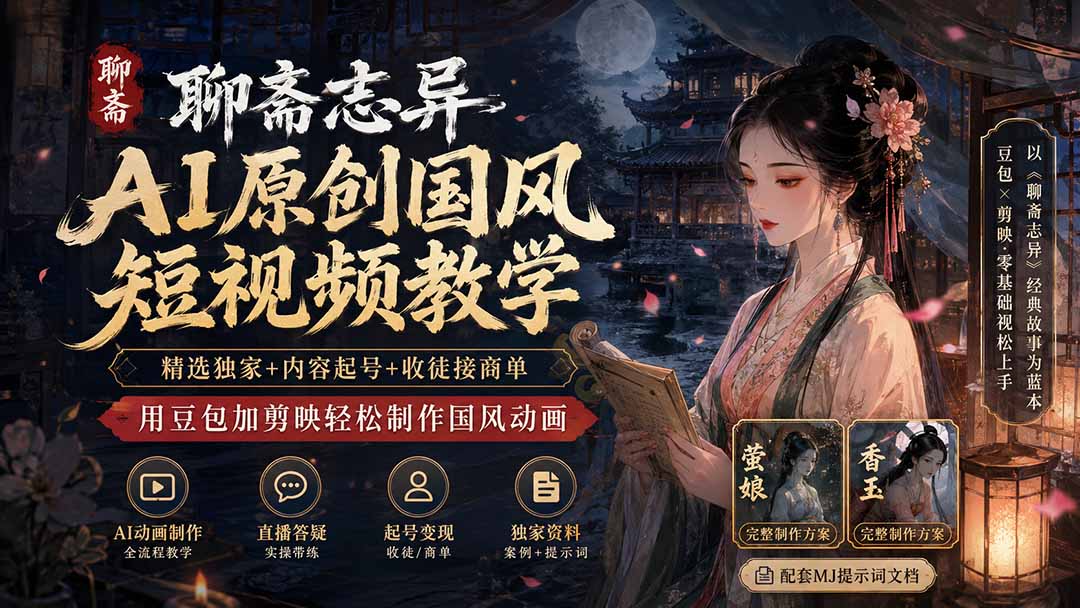 聊斋志异AI原创国风短视频教学；精选独家+内容起号+收徒接商单，用豆包加剪映轻松制作国风动画-泱泱学习社