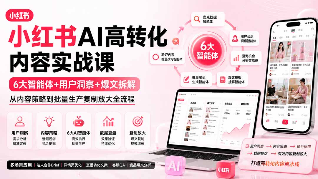 小红书AI高转化内容实战课：6大智能体+用户洞察+爆文拆解，从内容策略到批量生产复制放大全流程-泱泱学习社
