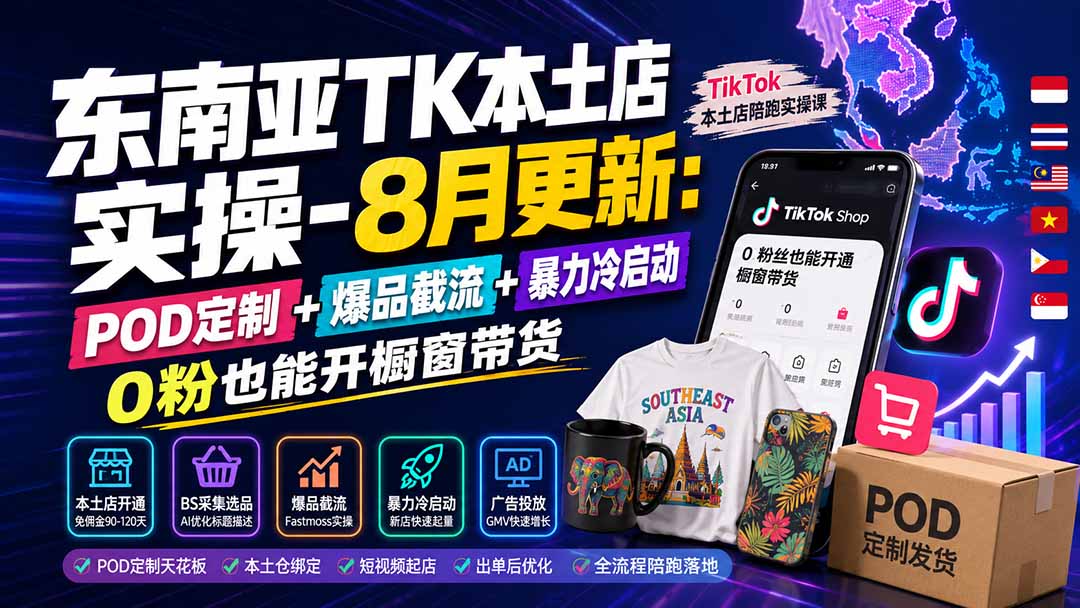 东南亚TK本土店实操-8月更新：POD定制+爆品截流+暴力冷启动，0粉也能开橱窗带货-泱泱学习社