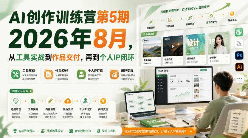 AI创作训练营第5期2026年8月,从工具实战到作品交付,再到个人IP闭环-泱泱学习社
