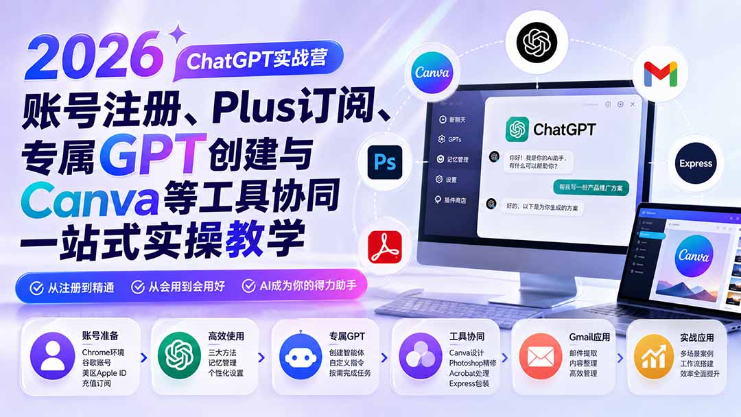 2026 ChatGPT实战营；账号注册、Plus订阅、专属GPT创建与Canva等工具协同一站式实操教学-泱泱学习社