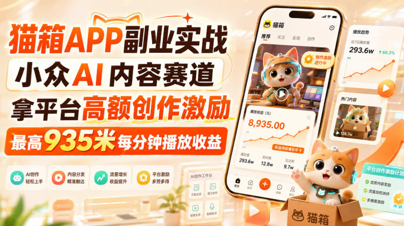 猫箱APP副业实战，小众AI内容赛道，拿平台高额创作激励，最高935米每分钟播放收益-泱泱学习社