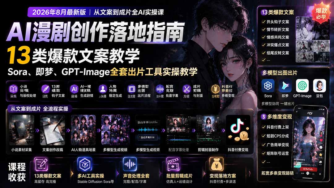 AI漫剧创作落地指南｜13类爆款文案教学，Sora、即梦、GPT-Image全套出片工具实操教学-泱泱学习社