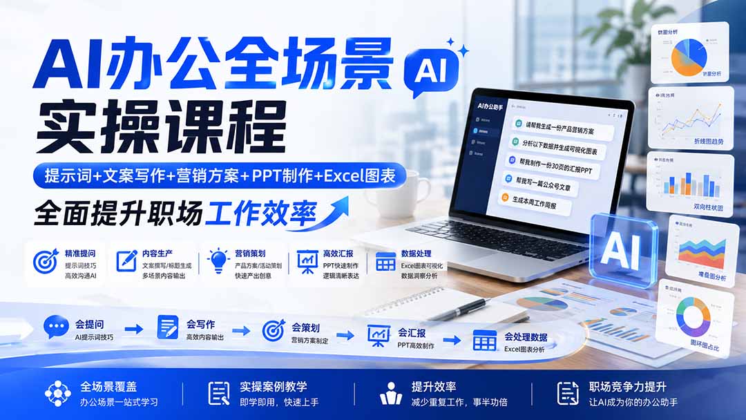 AI办公全场景实操课程:提示词+文案写作+营销方案+PPT制作+Excel图表,全面提升职场工作效率-泱泱学习社