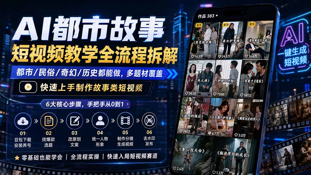 AI都市故事短视频教学全流程拆解；都市/民俗/奇幻/历史都能做多题材覆盖，快速上手制作故事类短视频-泱泱学习社