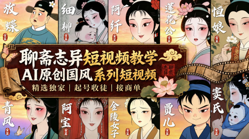 聊斋志异短视频教学，AI原创国风系列短视频，精选独家丨起号收徒丨接商单-泱泱学习社