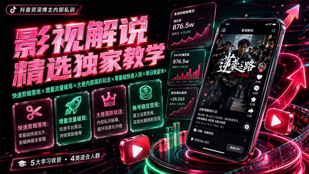 影视解说精选独家教学:快速剪辑落地×增量流量破局×大佬内部高阶玩法×零基础快速入局×单日收益1K+-泱泱学习社