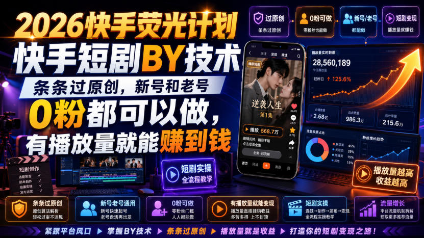 2026快手荧光计划，快手短剧搬运技术，条条过原创，新号和老号0粉都可以做，有播放量就能賺到钱-泱泱学习社