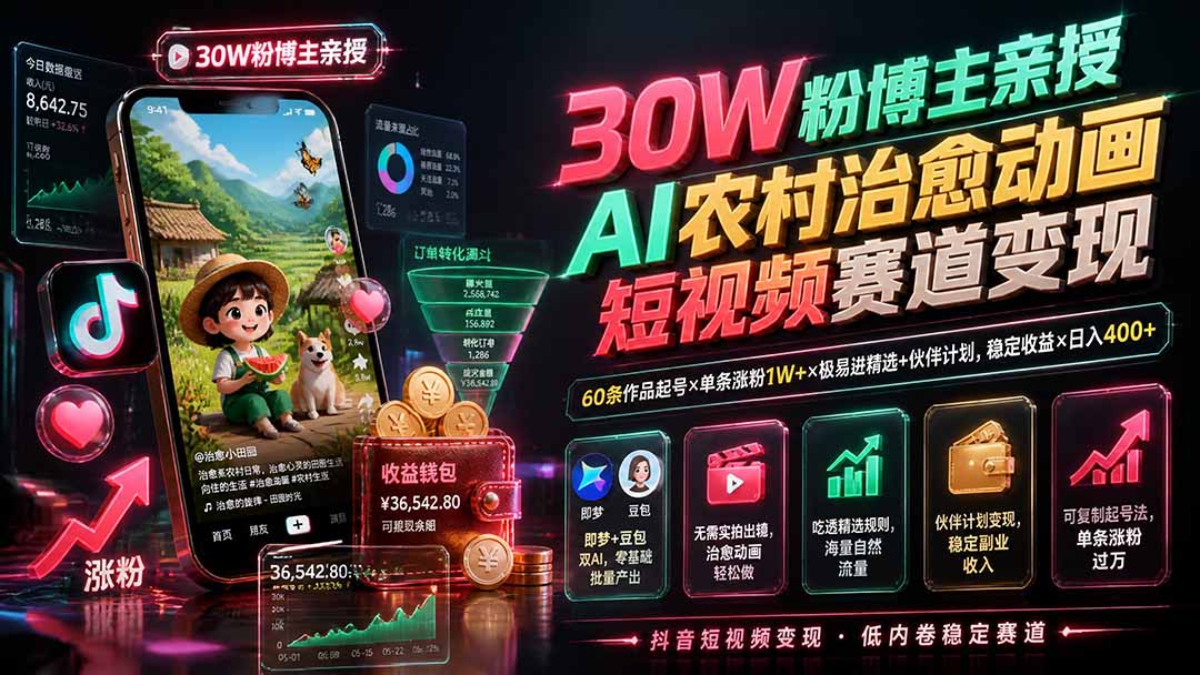 30W粉博主亲授AI农村治愈动画短视频赛道变现：60条作品起号×单条涨粉1W+×极易进精选+伙伴计划，稳定收益×日入400+-泱泱学习社