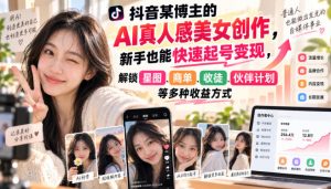 抖音某博主的AI真人感美女创作,新手也能快速起号变现,解锁星图,商单,收徒,伙伴计划等多种收益方式-泱泱学习社