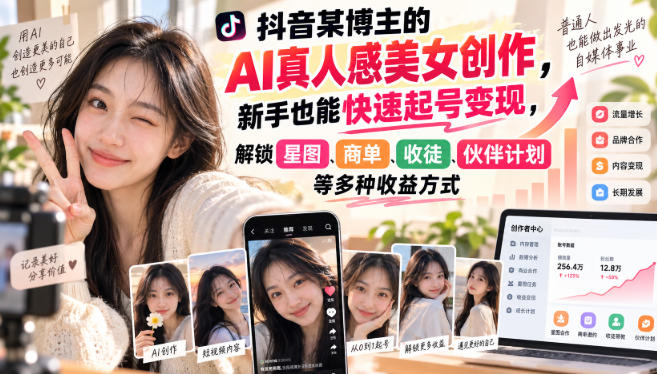 抖音某博主的AI真人感美女创作，新手也能快速起号变现，解锁星图，商单，收徒，伙伴计划等多种收益方式-泱泱学习社