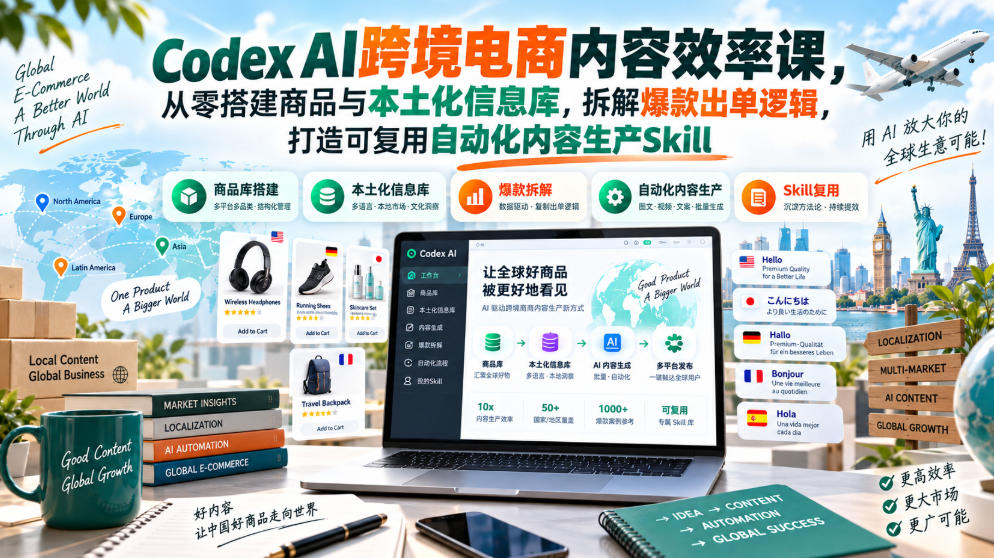 Codex AI跨境电商内容效率课,从零搭建商品与本土化信息库,拆解爆款出单逻辑,打造可复用自动化内容生产Skill-泱泱学习社