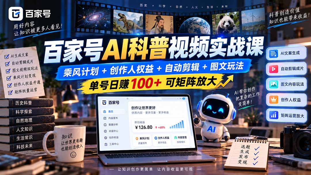 百家号AI科普视频实战课：乘风计划+创作人权益+自动剪辑+图文玩法，单号日赚100+可矩阵放大-泱泱学习社