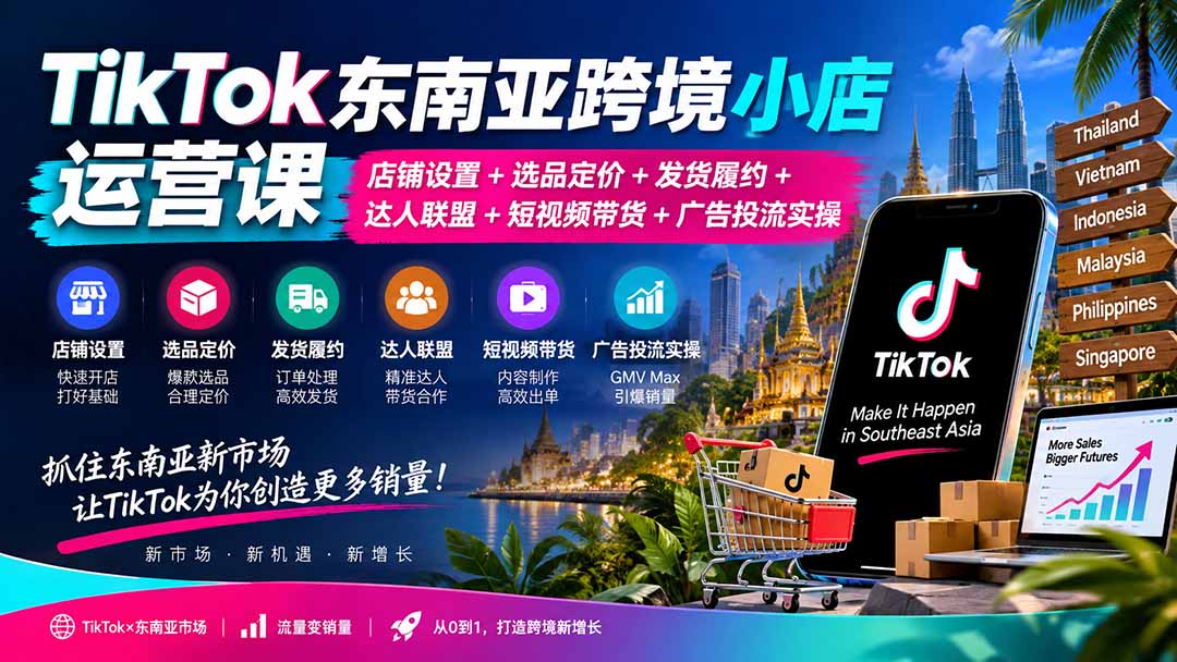 TikTok东南亚跨境小店运营课:店铺设置+选品定价+发货履约+达人联盟+短视频带货+广告投流实操-泱泱学习社