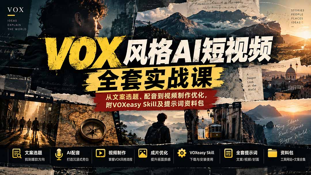 【无水印】VOX风格AI短视频全套实战课：从文案选题、配音到视频制作优化，附VOXeasy Skill及提示词资料包-泱泱学习社
