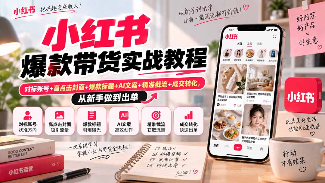 小红书爆款带货实战教程|对标账号+高点击封面+爆款标题+AI文案+精准截流+成交转化,从新手做到出单-泱泱学习社