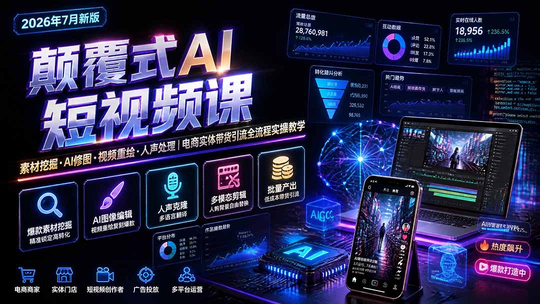 颠覆式AI短视频课-更新|素材挖掘,AI修图,视频重绘,人声处理|电商实体带货引流全流程实操教学-泱泱学习社