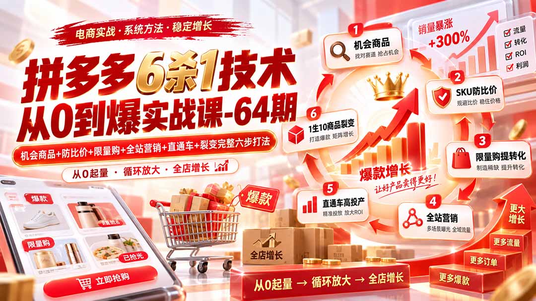 拼多多6杀1技术从0到爆实战课-64期：机会商品+防比价+限量购+全站营销+直通车+裂变完整六步打法-泱泱学习社