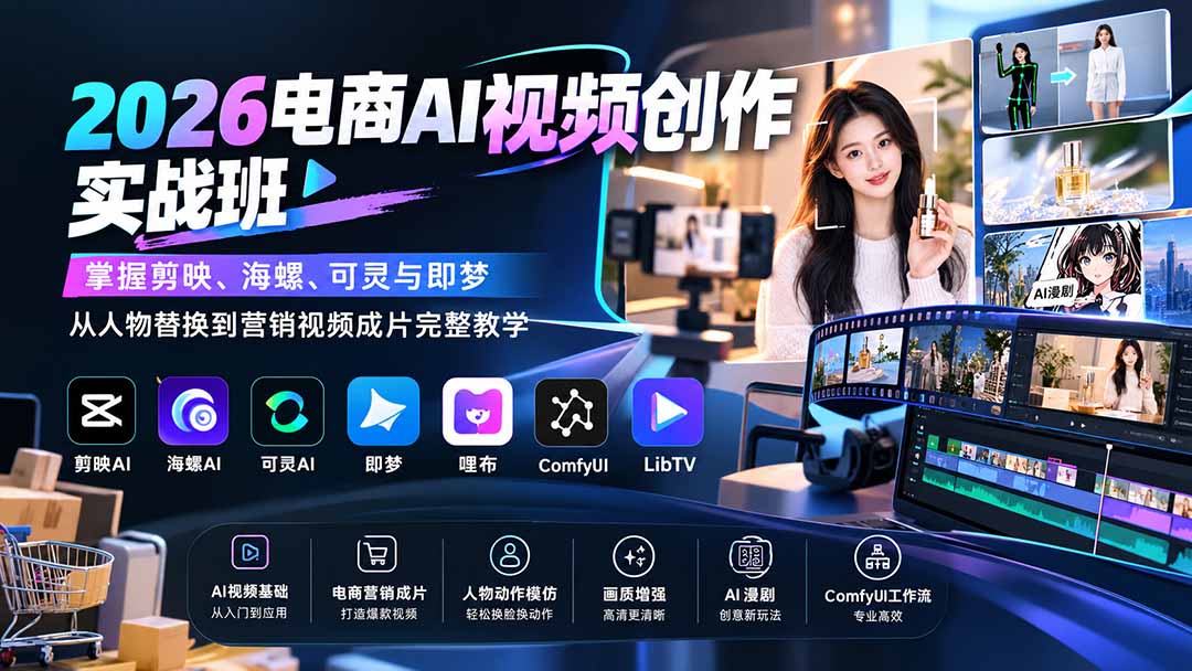 2026电商AI视频创作实战班:掌握剪映、海螺、可灵与即梦,从人物替换到营销视频成片完整教学-泱泱学习社