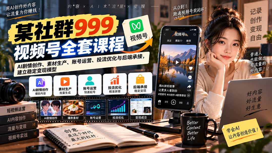 【无水印】某社群999视频号全套课程:AI剧情创作、素材生产、账号运营、投流优化与后端承接,建立稳定变现模型-泱泱学习社