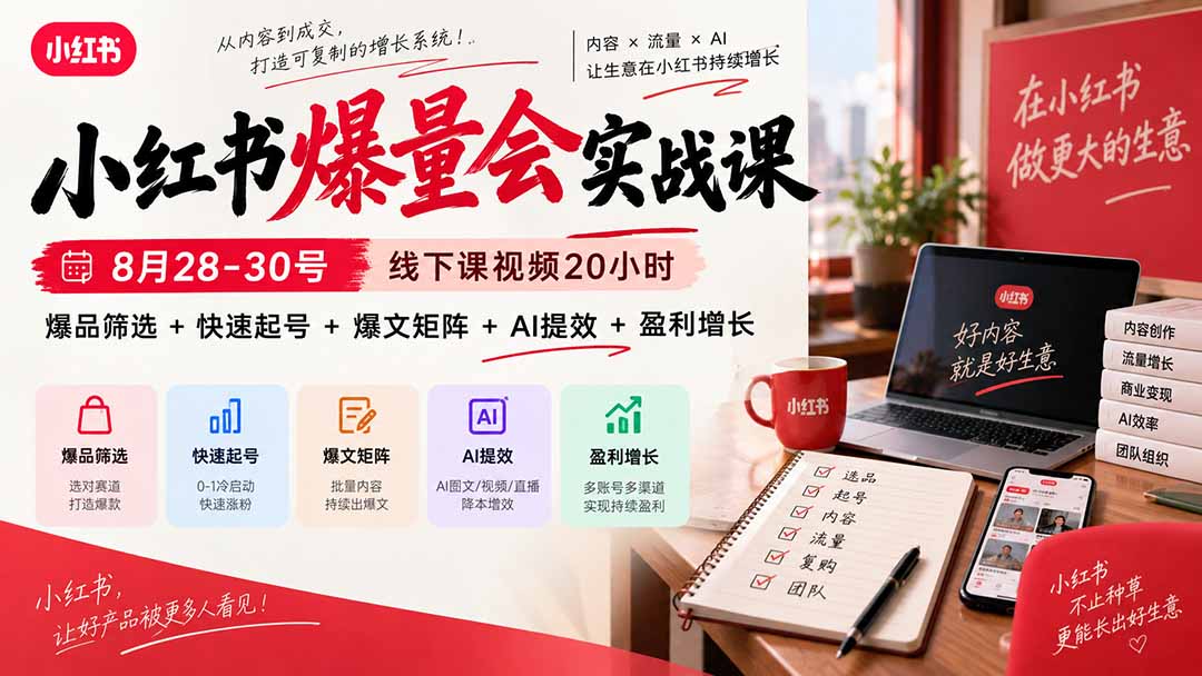小红书爆量会实战课：8月28-30号线下课视频20小时，爆品筛选+快速起号+爆文矩阵+AI提效+盈利增长-泱泱学习社