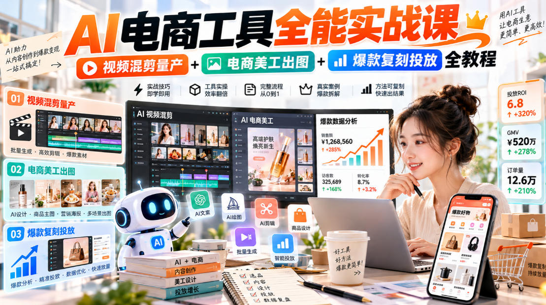 AI电商工具全能实战教学,视频混剪量产+电商美工出图+爆款复刻投放全教程-泱泱学习社