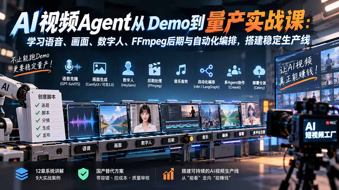 AI视频Agent从Demo到量产实战课:学习语音、画面、数字人、FFmpeg后期与自动化编排,搭建稳定生产线-泱泱学习社
