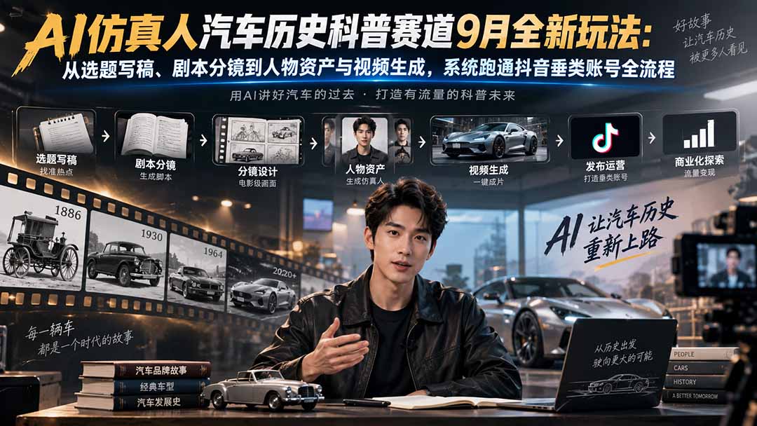 AI仿真人汽车历史科普赛道9月全新玩法：从选题写稿、剧本分镜到人物资产与视频生成，系统跑通抖音垂类账号全流程-泱泱学习社