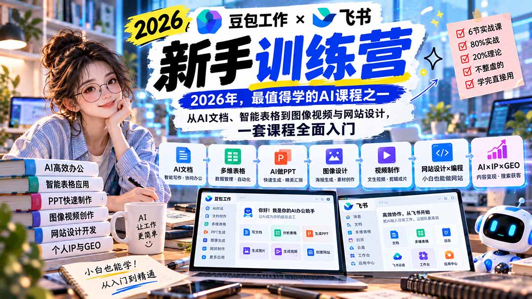 2026豆包工作+飞书新手训练营-9月新课:从AI文档、智能表格到图像视频与网站设计,一套课程全面入门-泱泱学习社