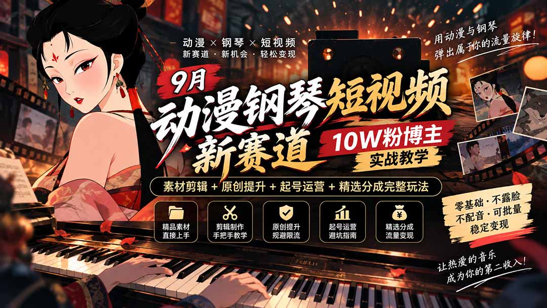 9月动漫钢琴短视频新赛道|10W粉博主实战教学,素材剪辑+原创提升+起号运营+精选分成完整玩法-泱泱学习社