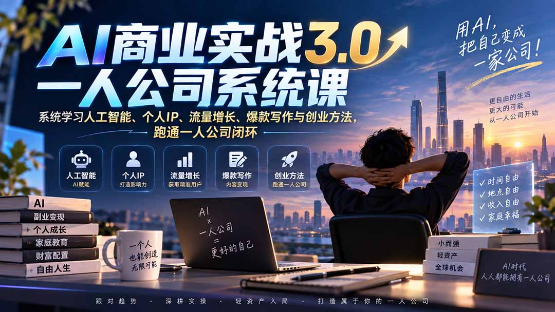 AI商业实战3.0一人公司系统课:系统学习人工智能、个人IP、流量增长、爆款写作与创业方法,跑通一人公司闭环-泱泱学习社