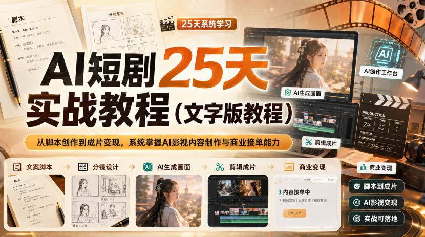 AI短剧25天实战教程(文字版教程)，从脚本创作到成片变现，系统掌握AI影视内容制作与商业接单能力-泱泱学习社
