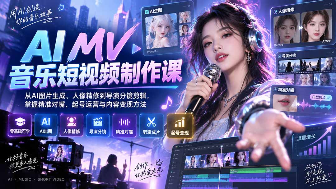 AI MV音乐短视频制作课：从AI图片生成、人像精修到导演分镜剪辑，掌握精准对嘴、起号运营与内容变现方法-泱泱学习社
