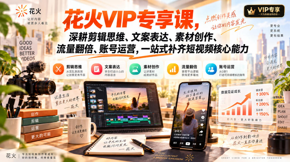 花火VIP专享课,深耕剪辑思维、文案表达、素材创作、流量翻倍、账号运营,一站式补齐短视频核心能力-泱泱学习社